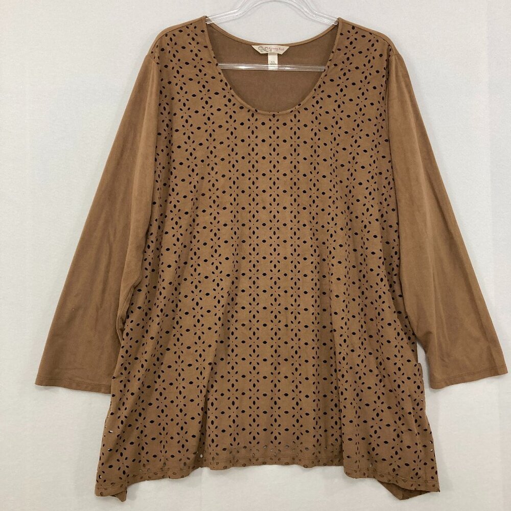 Krazy Kat size XXL Brown Eyelet Faux Suede Soft Stretch Relaxed Boho Blouse‎